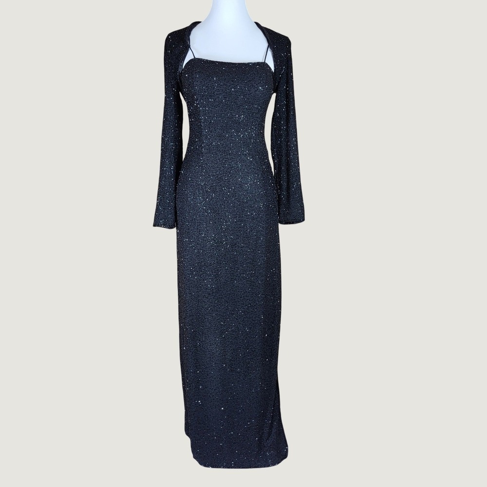 Vintage Scala Gown Dress Womens XS / S Beaded Silk Maxi Shrug Set Black Heavy!